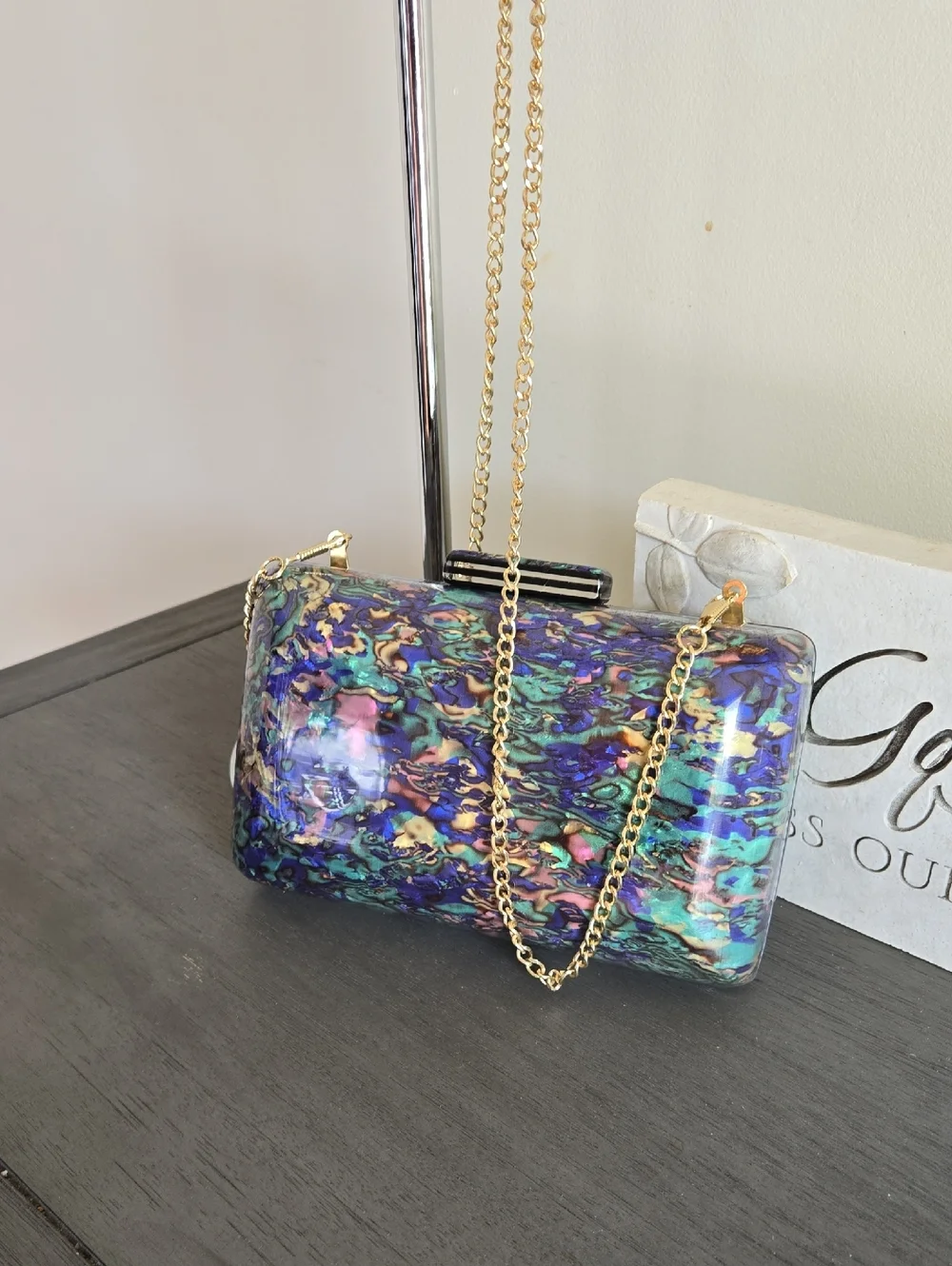 Iridescent Multicolor Acrylic Clutch with Gold Chain Strap